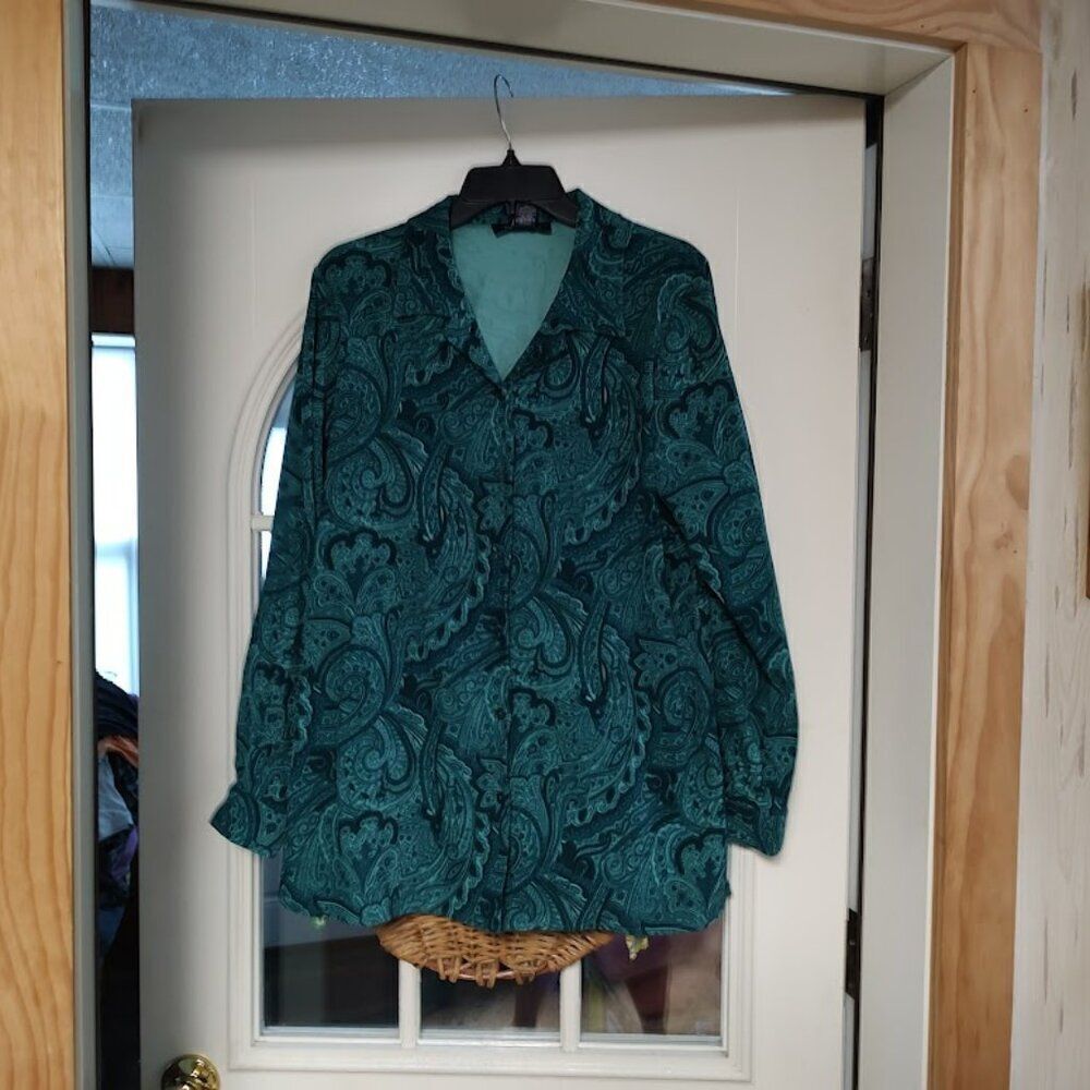 New Denim & Co Green Designed Long Sleeve Button Down Velour Feel Shirt Womens M